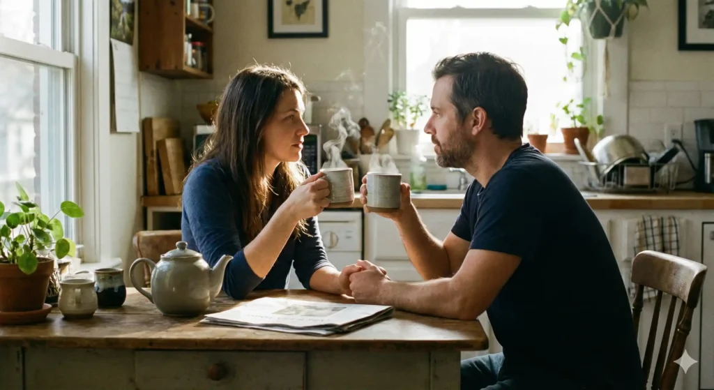 Couple engaging in stress-reducing conversation ritual without devices