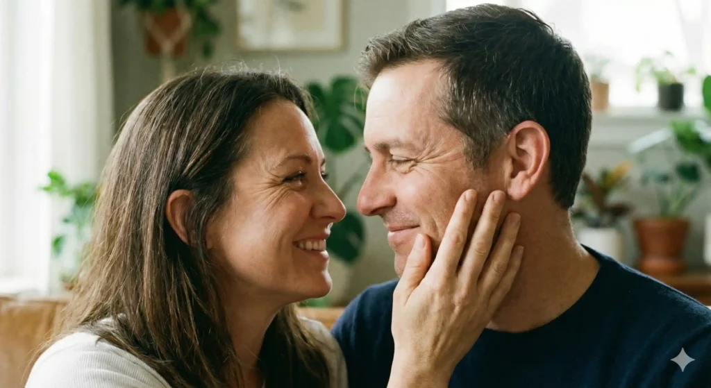 Happy couple making eye contact, symbolizing restored communication and emotional intimacy