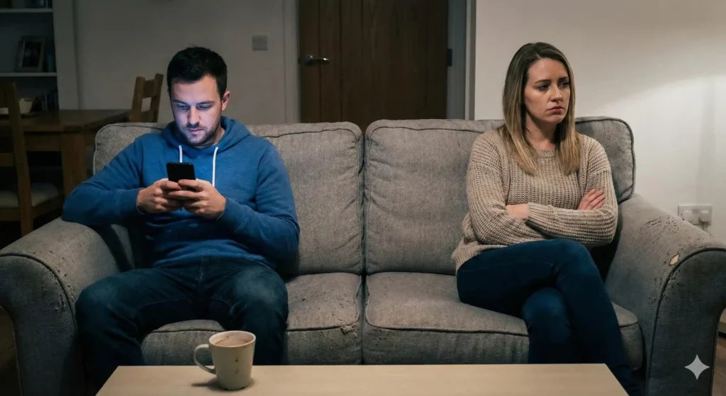 Partner ignoring emotional bid for connection due to phone distraction
