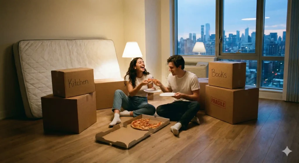 Young couple moving in together, navigating cohabitation and shared finances