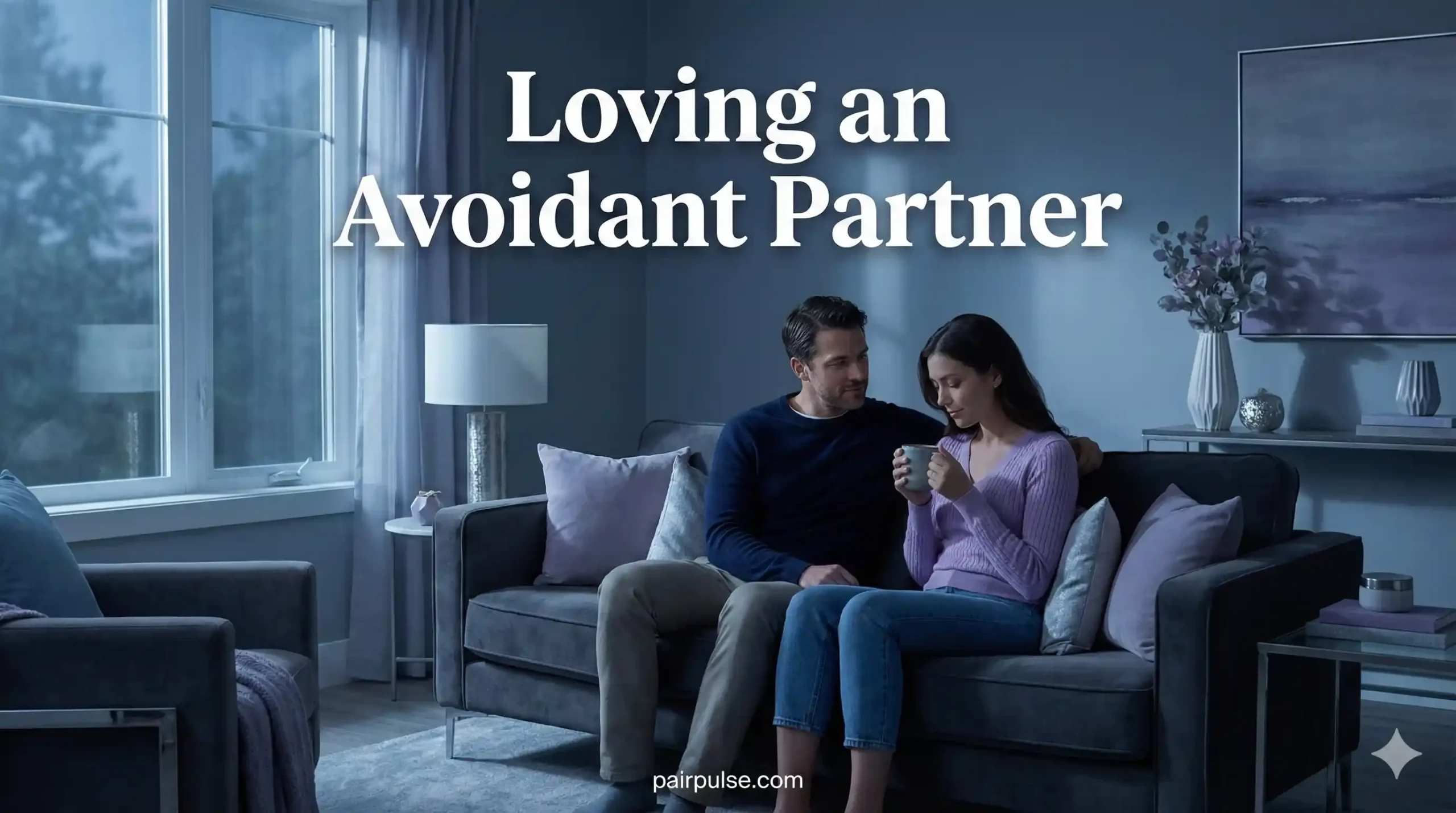 modern international couple sitting on opposite ends of a comfortable plush sofa, engaged in a quiet, thoughtful moment