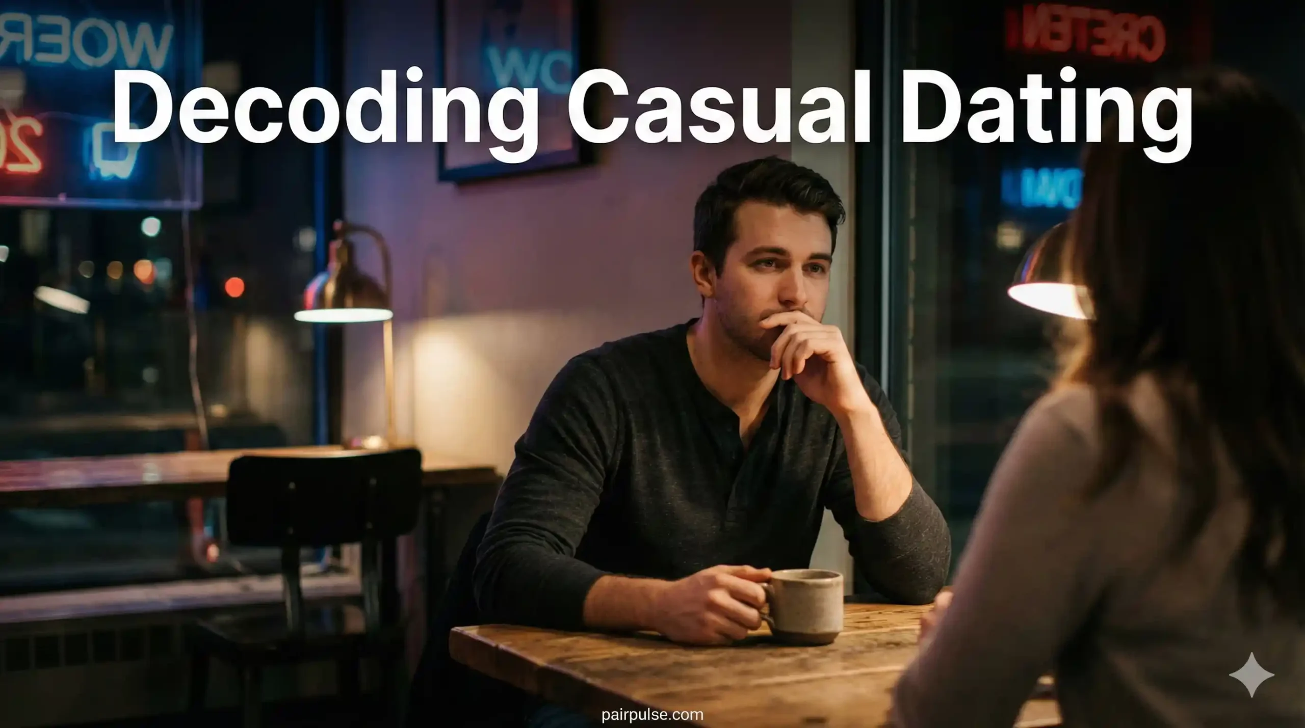 photorealistic medium shot of a handsome, thoughtful man in his late 20s sitting at a dimly lit, modern coffee shop, looking slightly off-camera as if deep in an honest conversation