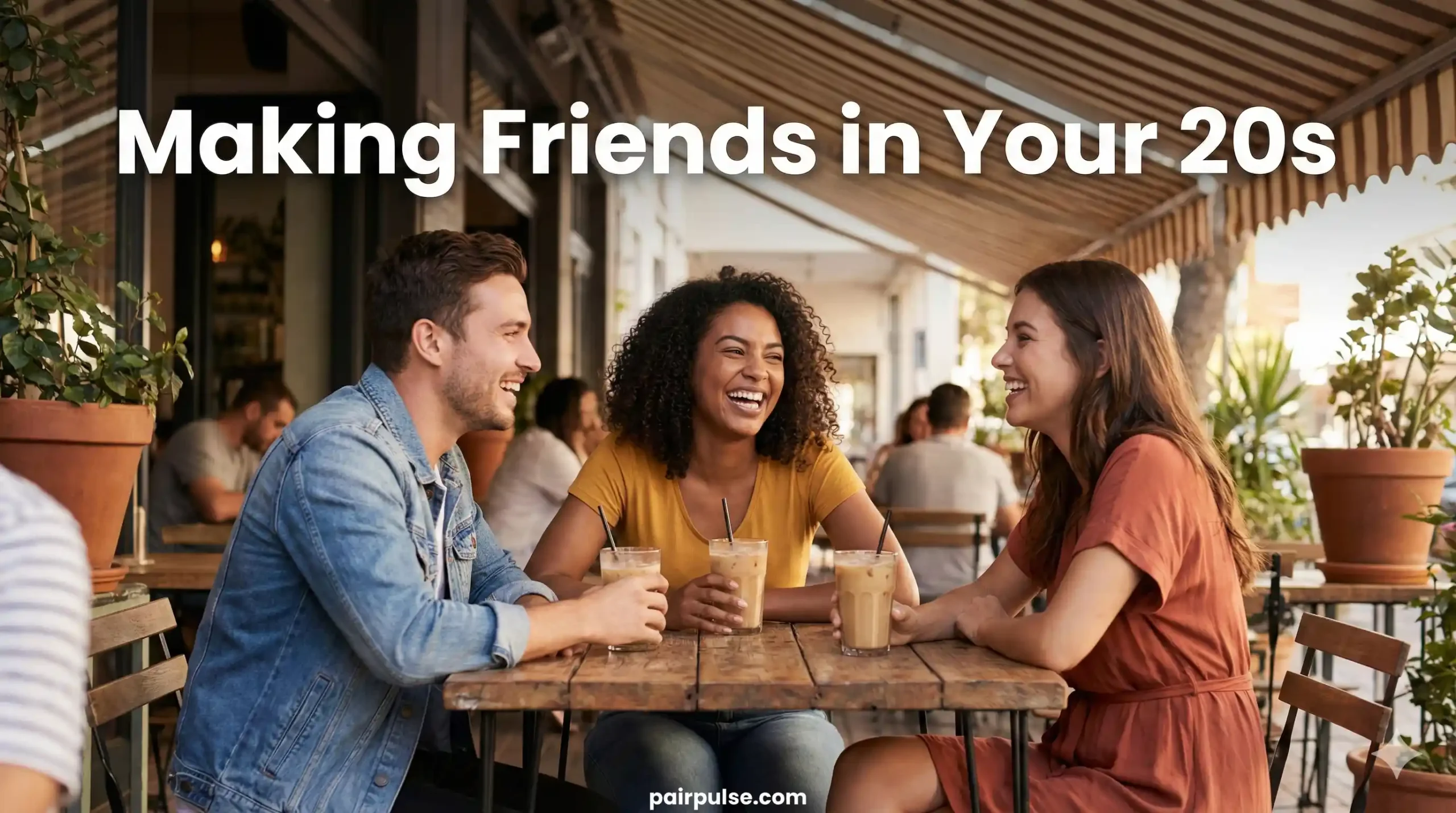 three young adults in their mid-20s laughing genuinely together over iced coffees at a trendy, sunlit outdoor cafe