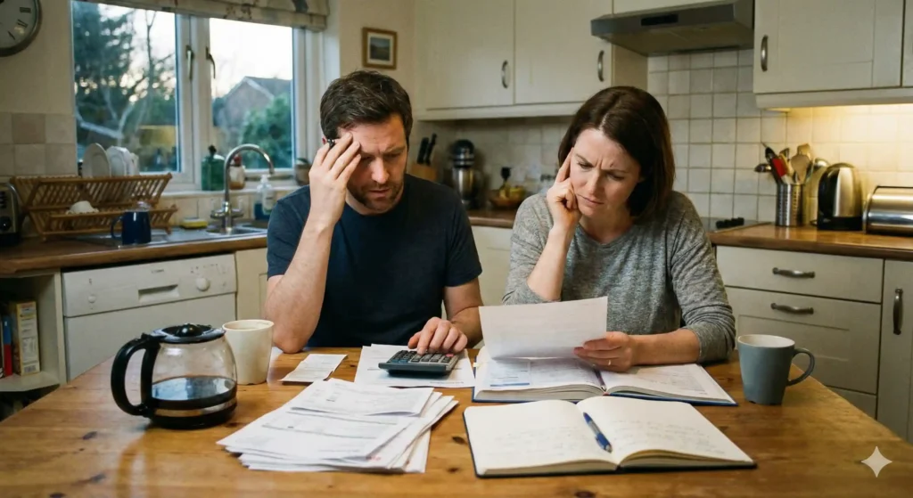 Couple discussing finances and money scripts at the kitchen table with a calculator
