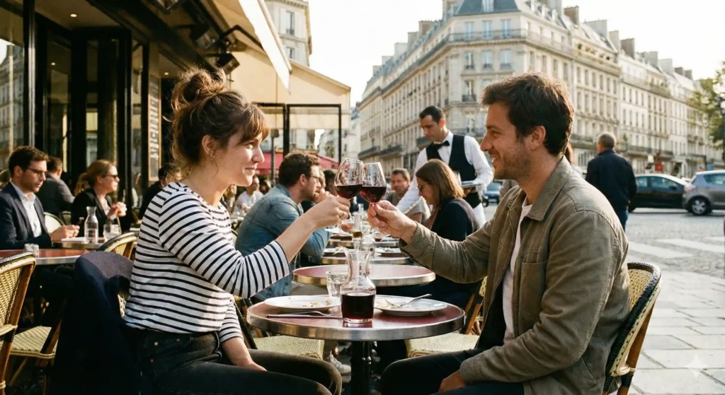 Couple enjoying a glass of wine on a French terrace during a first date