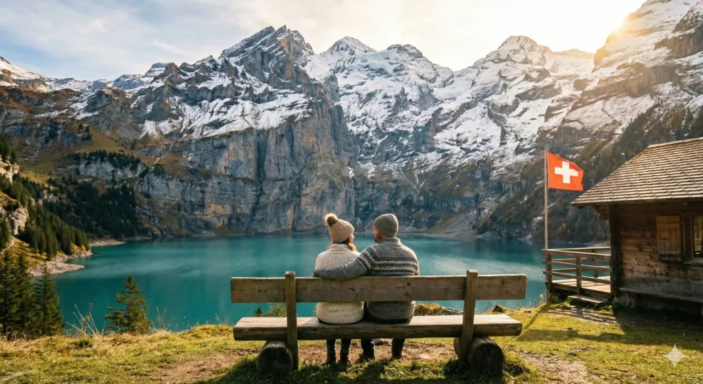 Couple enjoying a romantic date by a lake in Switzerland with Alps in the background