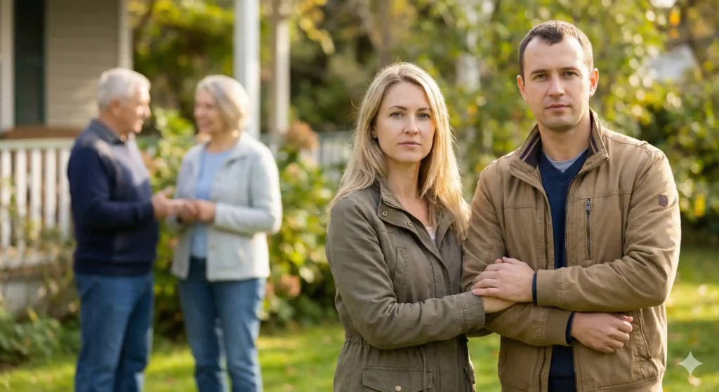 Couple standing united against family pressure, demonstrating primary loyalty in marriage