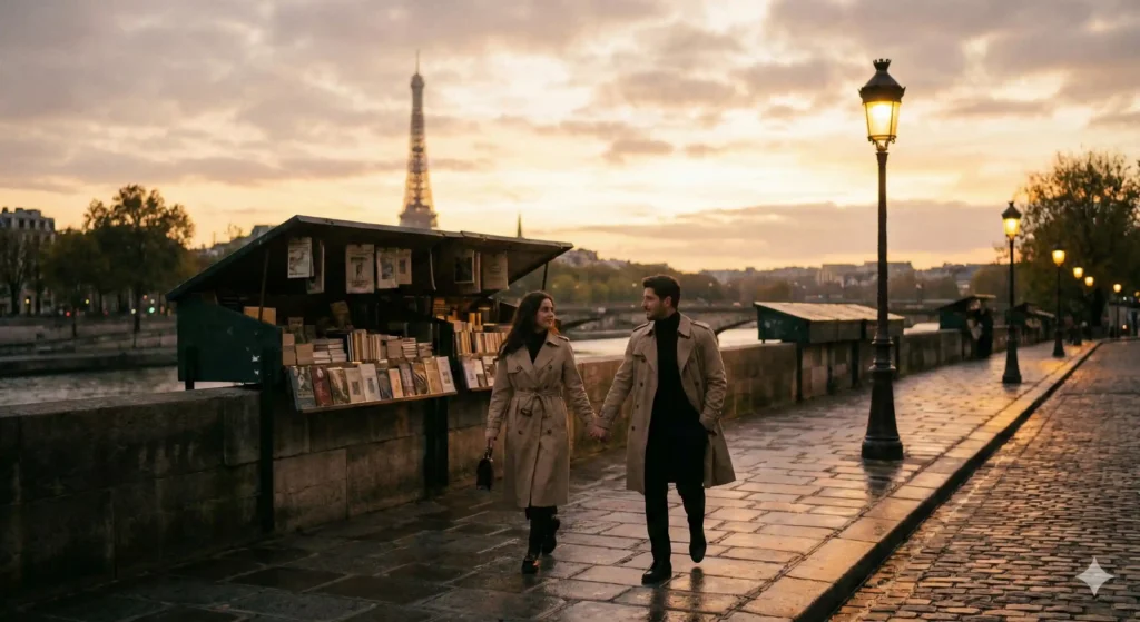 Couple walking along the Seine in Paris, enjoying the romantic atmosphere of France