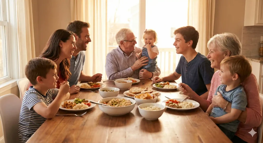 Happy multi-generational family enjoying a peaceful holiday dinner together