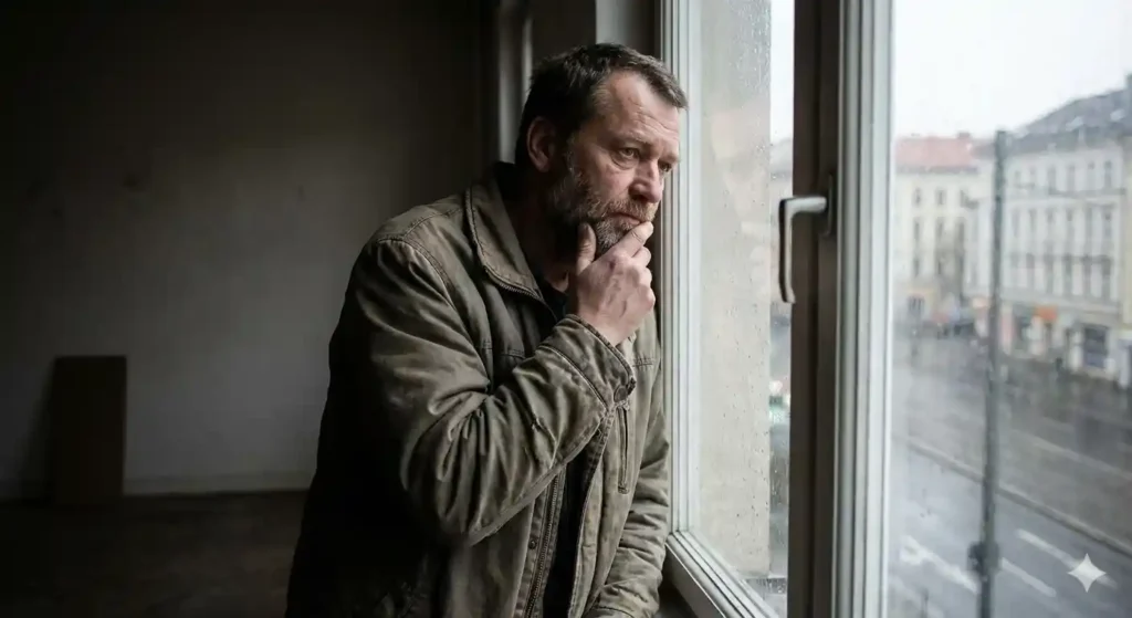 Man reflecting on identity and self-worth during a career crisis