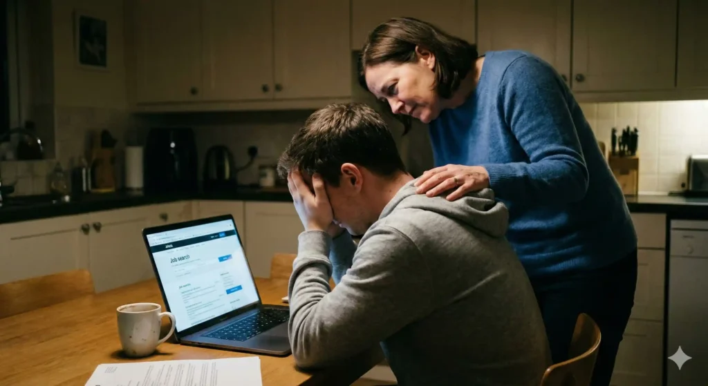 Partner offering emotional support to spouse dealing with job loss and career stress