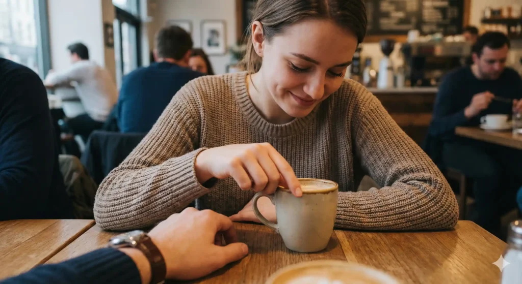 Shy woman exhibiting nervous body language and looking down as a sign of secret attraction