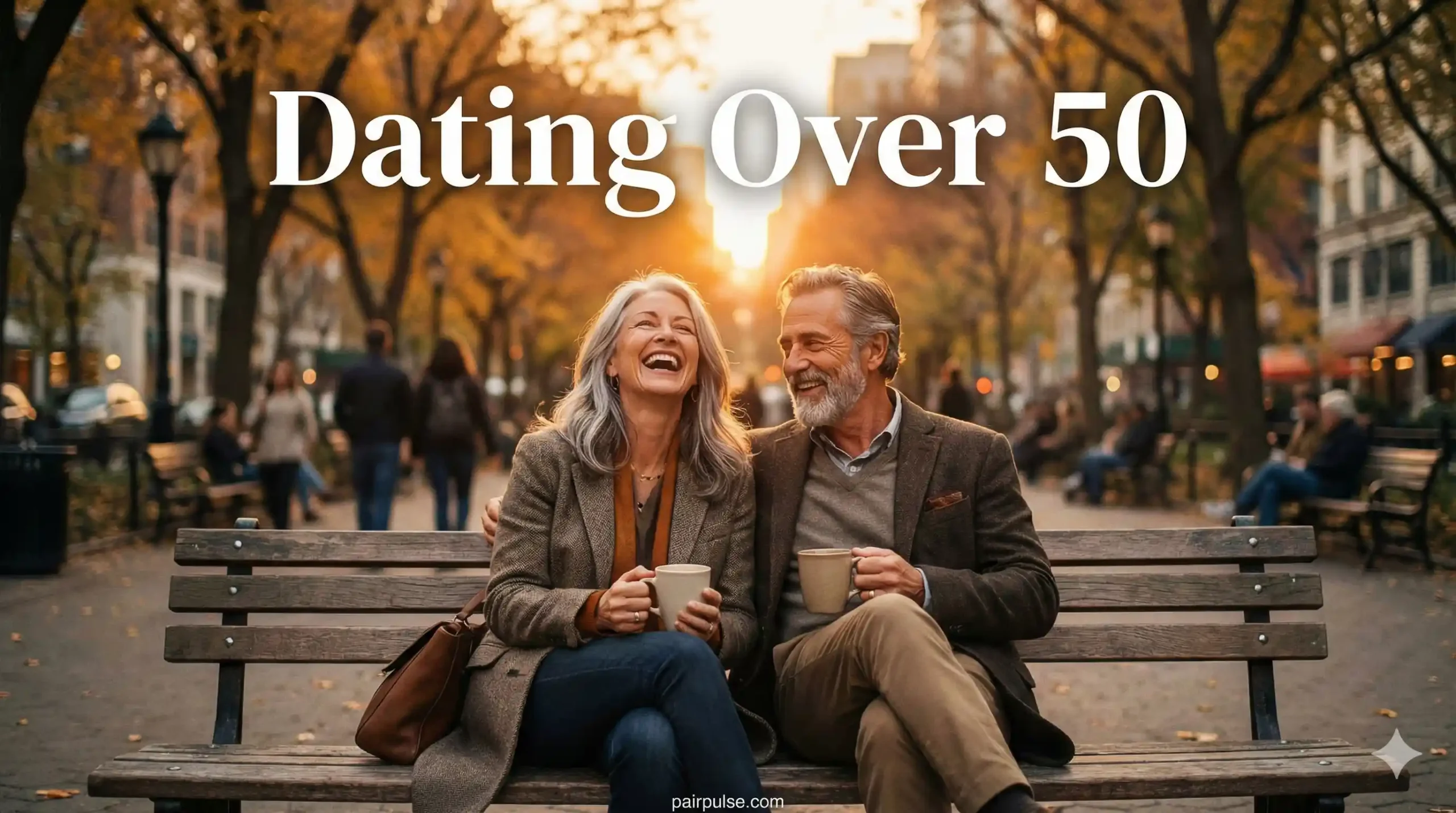 couple in their early 50s, laughing together on a park bench during a golden hour sunset