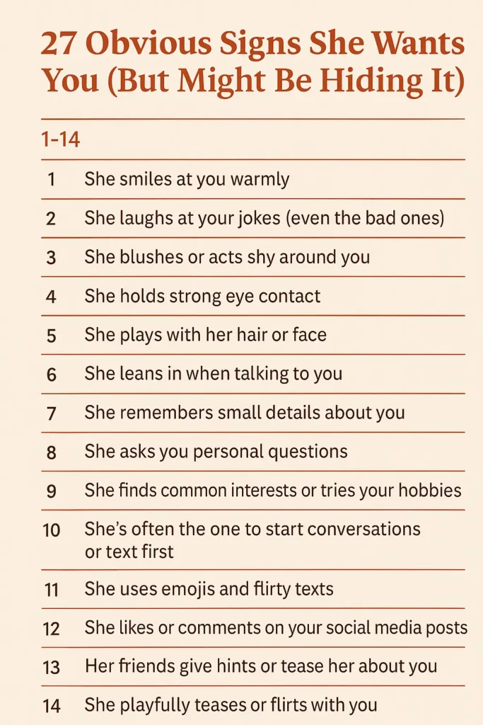 27 obvious signs she wants you but is hiding it
7 hidden signs she secretly likes you
27 obvious signs she wants you but is scared
Signs she likes you but is hiding it
Signs she wants you badly
Psychological signs a girl likes you
50 signs a girl likes you
Weird signs a girl likes you