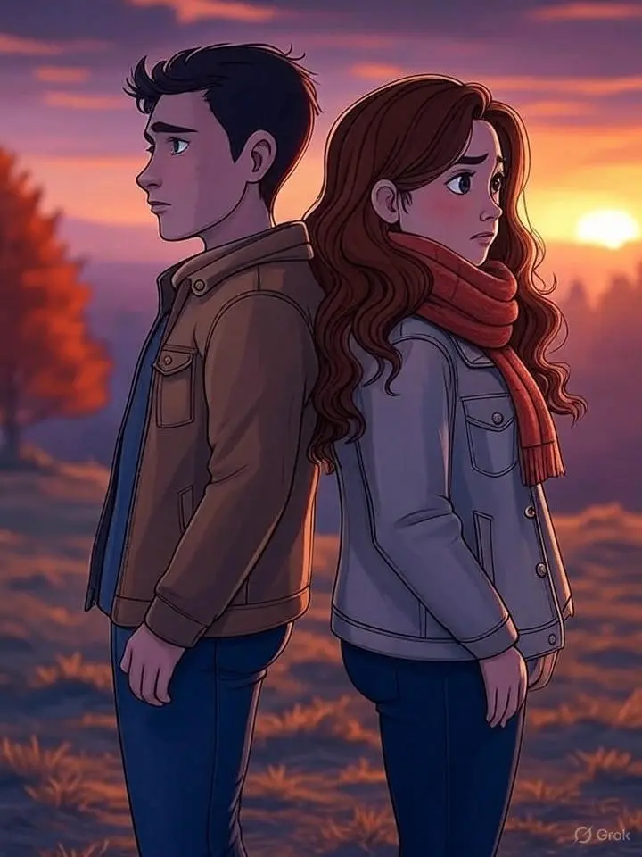 A cartoon illustration shows a young couple standing back-to-back on a hill at sunset, their expressions showing sadness and distance.