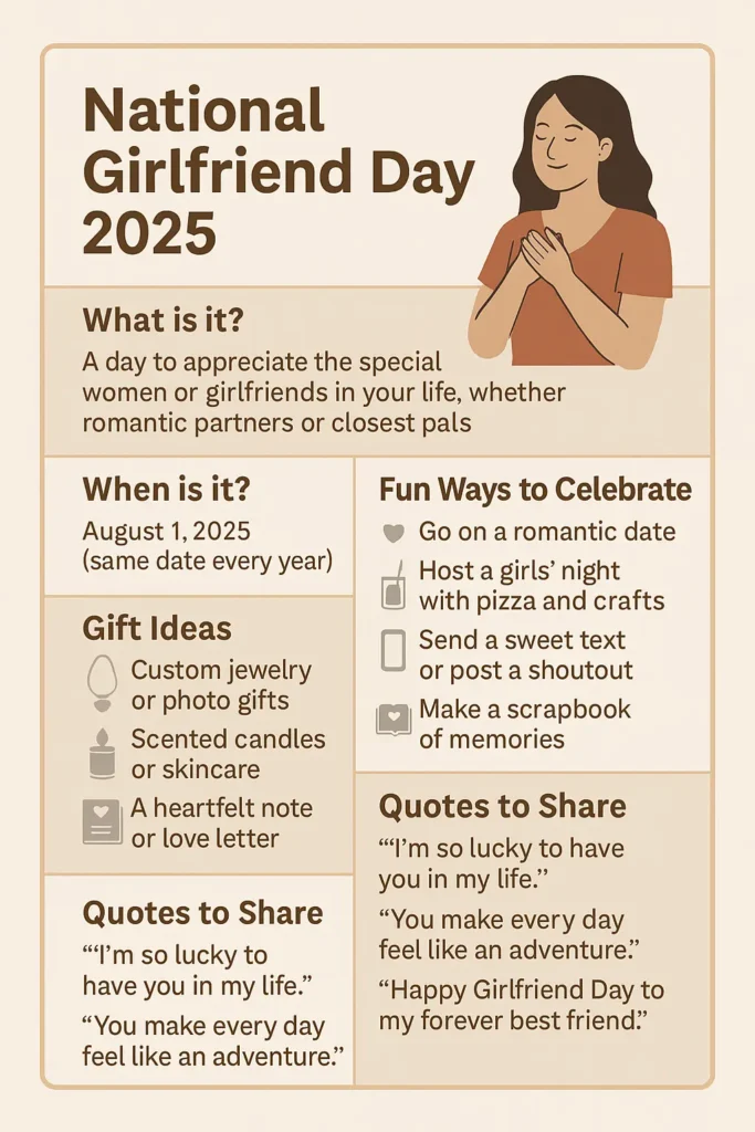 National Girlfriend Day 2024
When is National Boyfriend Day
National Girlfriend Day 2025
National Boyfriend and Girlfriend Day
National Girlfriends Day gifts
National Girlfriends Day messages
National ex Girlfriend Day
What National Day is it today