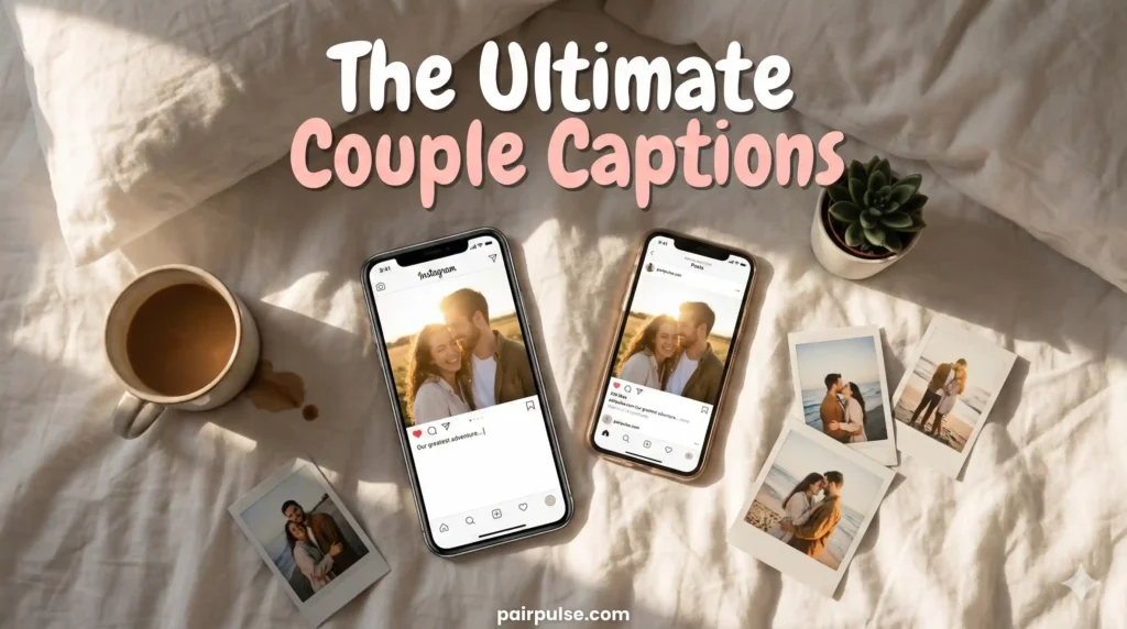One phone screen shows a beautiful romantic couple photo being edited on Instagram, with a blinking cursor in the caption box