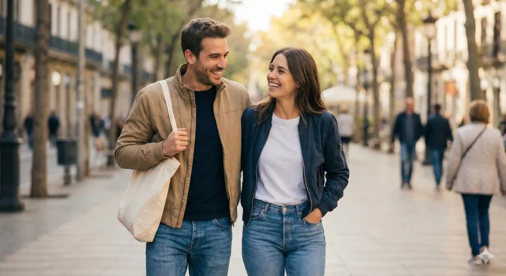 Couple walking close together showing open body language and mutual interest
