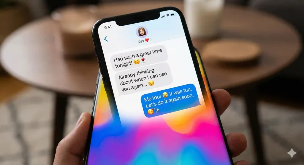 Smartphone screen showing double texting and emojis as signs of female interest