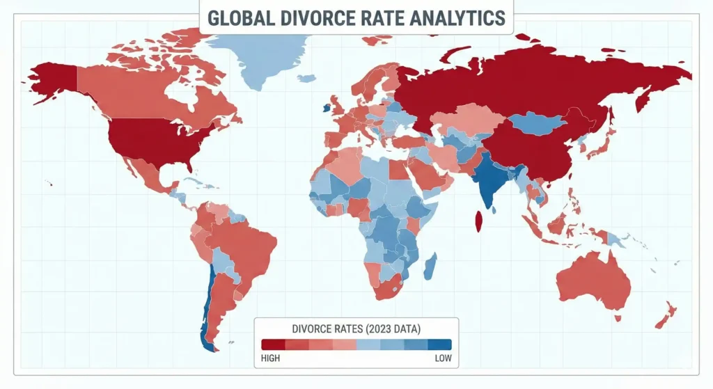 World map visualizing global divorce rates by country in 2026