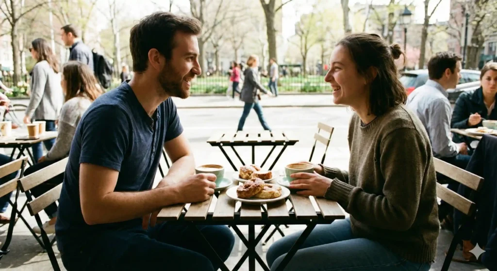 A couple enjoying a safe first date connection in a public coffee shop