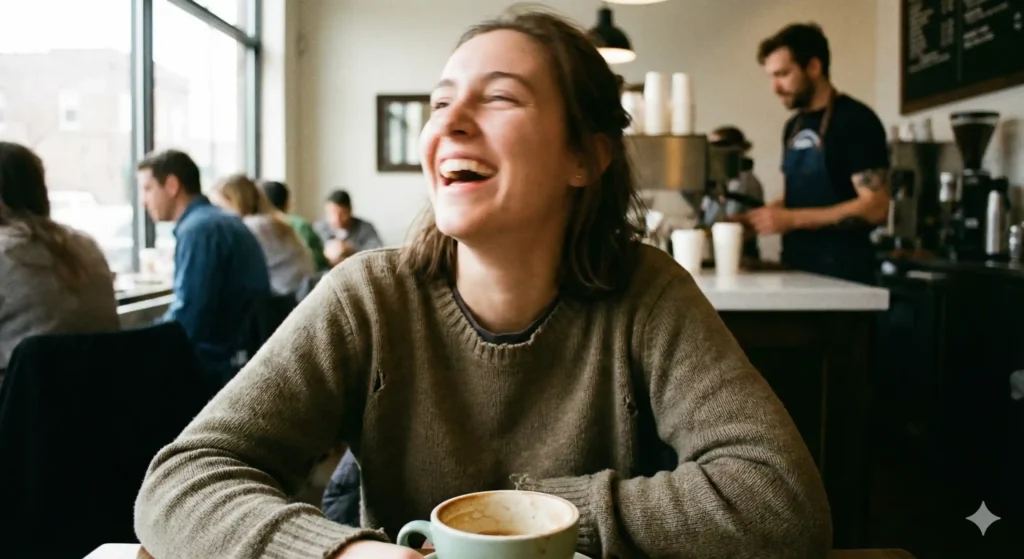 Authentic candid photo of a person laughing naturally, showing real personality for a dating profile
