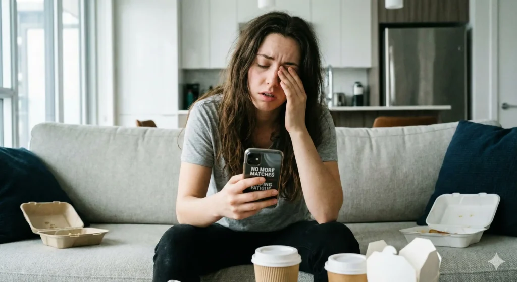 Person feeling overwhelmed and burnt out from online dating apps on their phone.